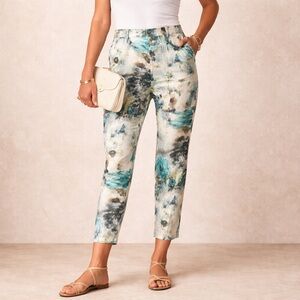 Karen Kane Abstract Print Ankle Pants Size 4 Blue Green Cotton Stretch NWT